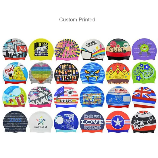 Gorro de natación de silicona plana de 50 g con impresión de logotipo personalizado para adultos y niños.